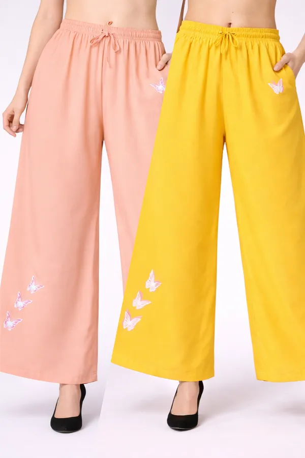 Peach_And_Yellow_Rayon_Wide_Leg_Butterfly_Print_Palazzo_Pants_Combo_For_Women