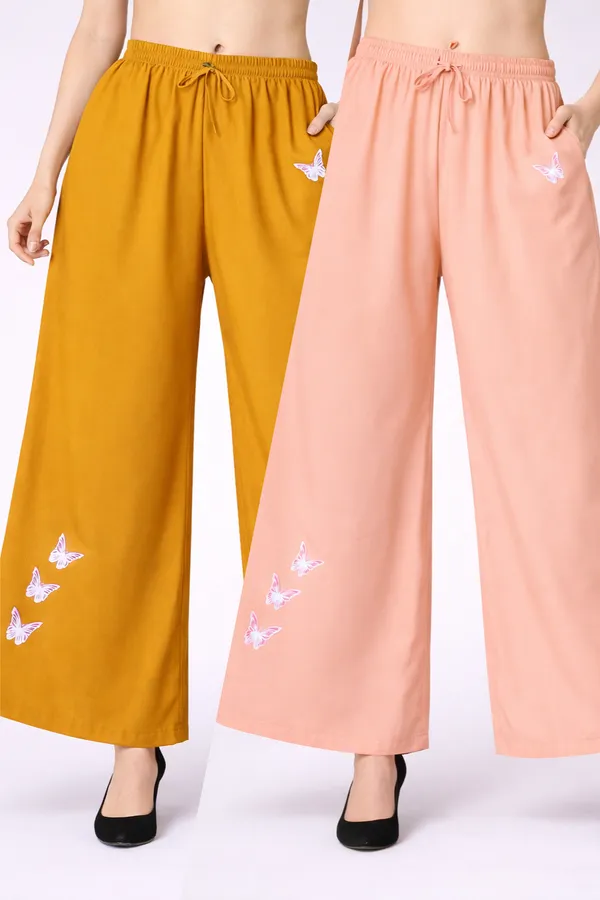 Mustard_And_Peach_Rayon_Wide_Leg_Butterfly_Print_Palazzo_Pants_Combo_For_Women
