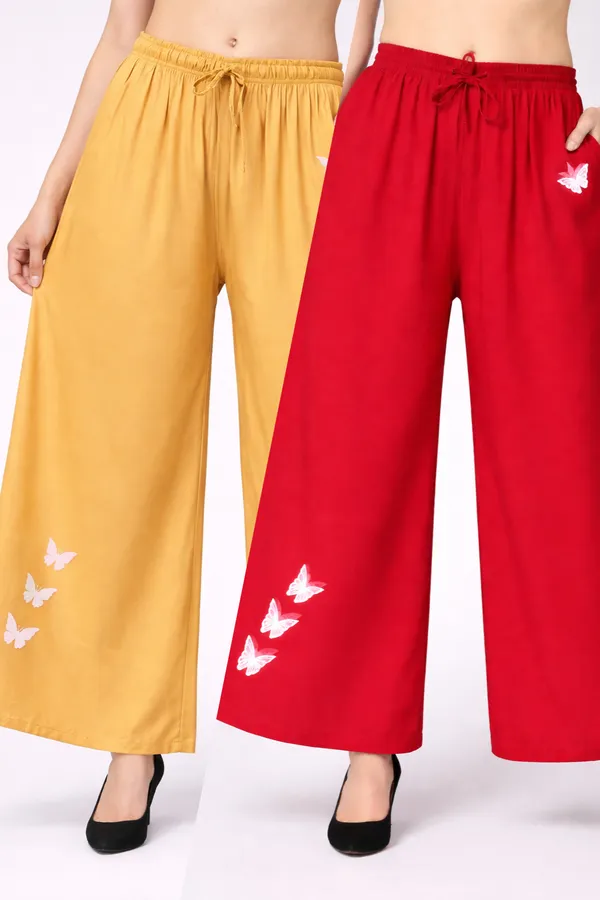 Yellow_Red_Rayon_Wide_Leg_Butterfly_Print_Palazzo_Pants_For_Women