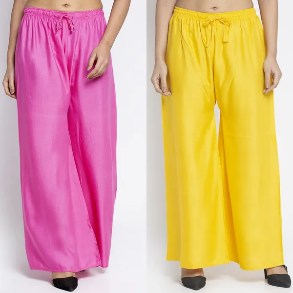 Pink_And_Yellow_Rayon_Wide_Leg_Kurti_Palazzo_Set_For_Women
