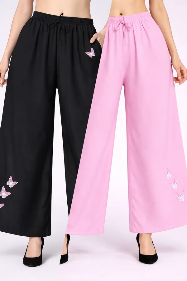 Black_Pink_Rayon_Wide_Leg_Butterfly_Embroidered_Palazzo_Pants_For_Women