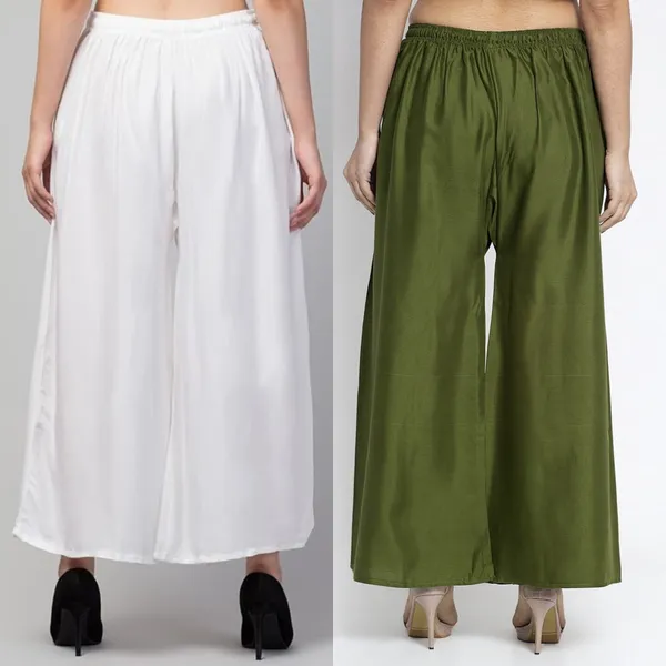White_And_Olive_Green_Rayon_Flared_Palazzo_Pants_For_Women