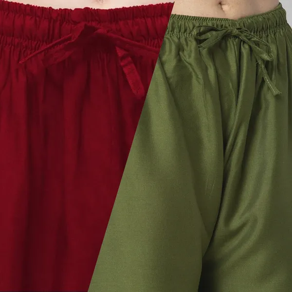 Maroon_And_Olive_Green_Rayon_Wide_Leg_Palazzo_Pants_For_Women