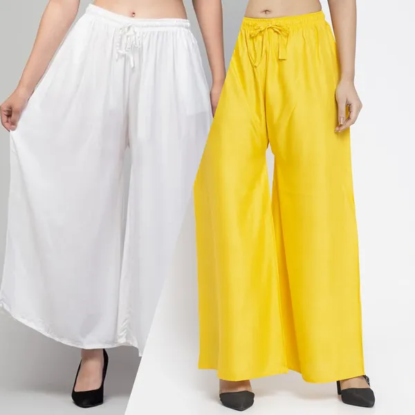 White_And_Yellow_Rayon_Wide_Leg_Palazzo_Pants_For_Women