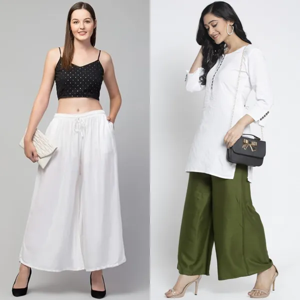 White_And_Olive_Green_Rayon_Flared_Palazzo_Pants_For_Women