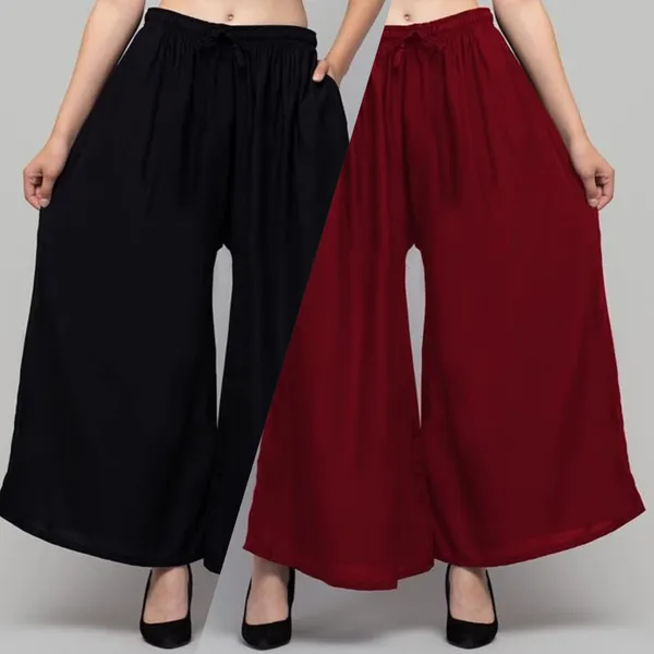 Black_And_Maroon_Rayon_Wide_Leg_Palazzo_Pants_For_Women