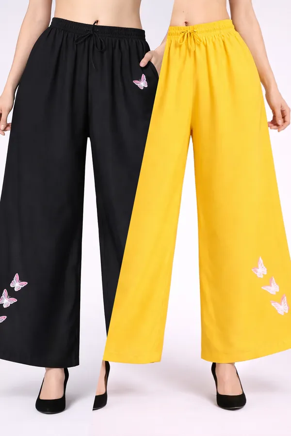 Black_Yellow_Rayon_Wide_Leg_Butterfly_Print_Palazzo_Pants_For_Women