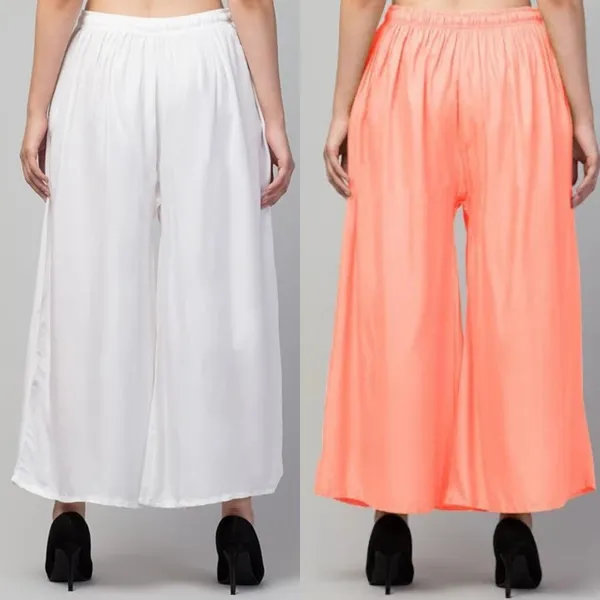 White_And_Peach_Rayon_Wide_Leg_Flared_Palazzo_Pants_For_Women