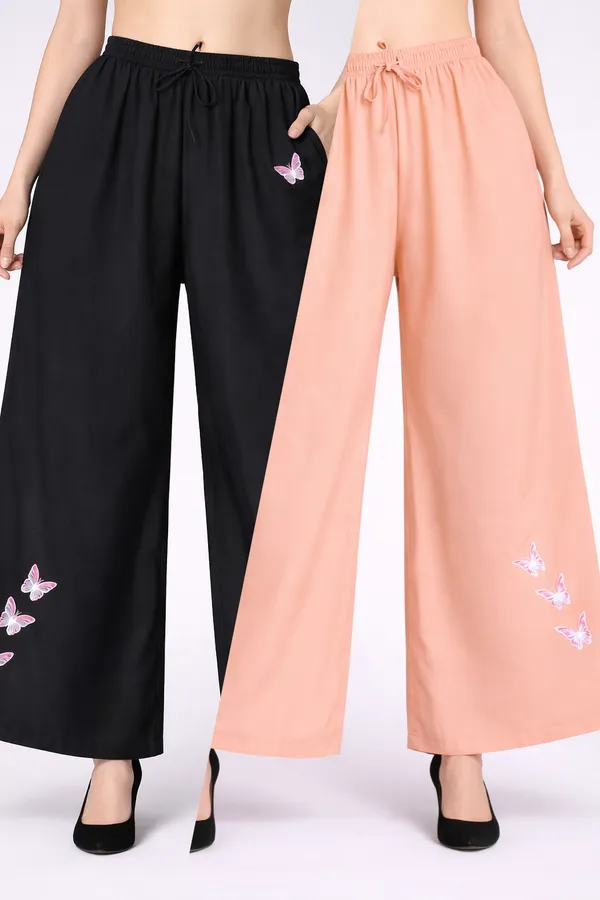 Black_Peach_Rayon_Wide_Leg_Butterfly_Embroidered_Palazzo_Pants_For_Women