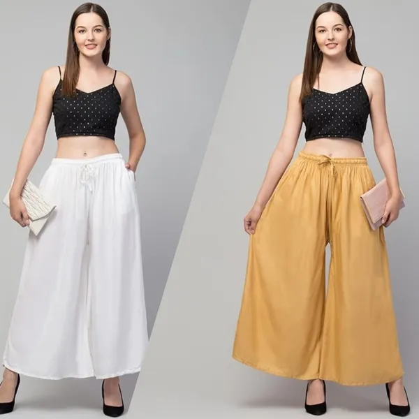 White_And_Mustard_Rayon_Wide_Leg_Palazzo_Pants_For_Women