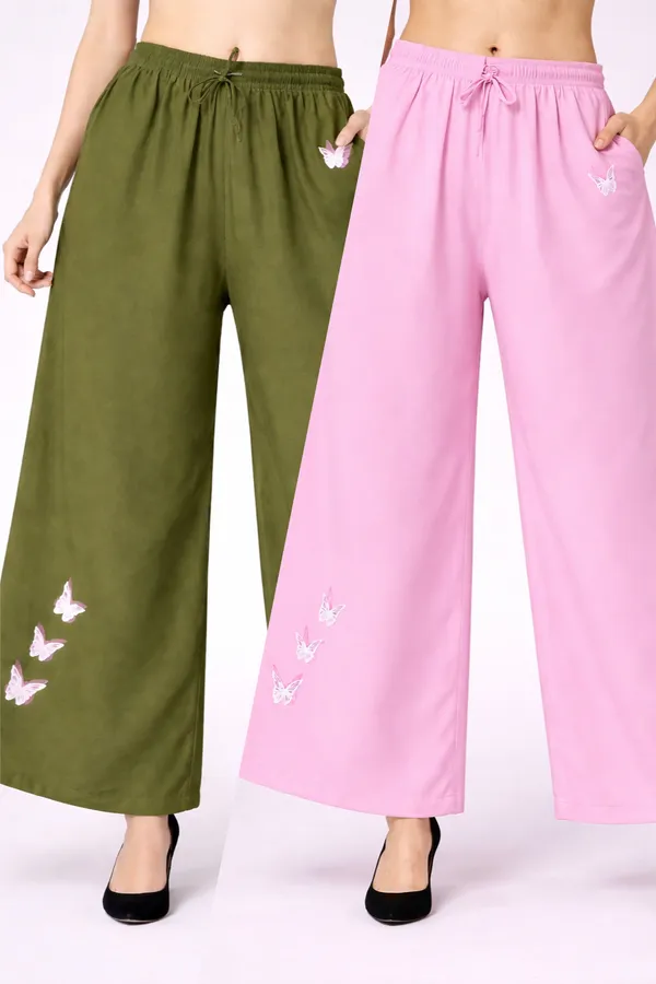 Olive_Green_Pink_Rayon_Wide_Leg_Butterfly_Print_Palazzo_Pants_For_Women