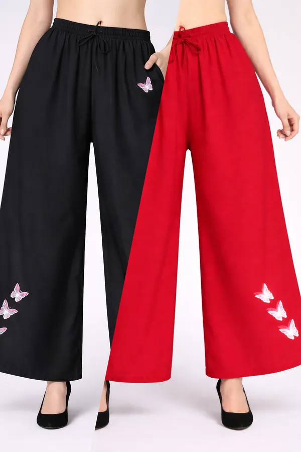 Black_Red_Rayon_Wide_Leg_Butterfly_Print_Palazzo_Pants_For_Women