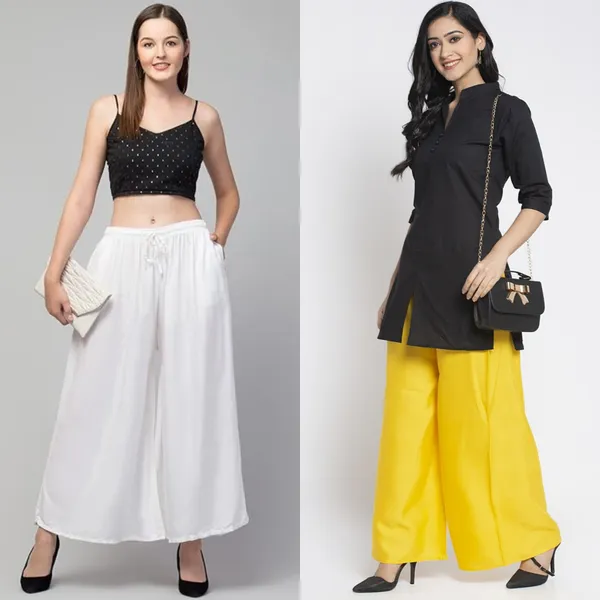 White_And_Yellow_Rayon_Wide_Leg_Palazzo_Pants_For_Women
