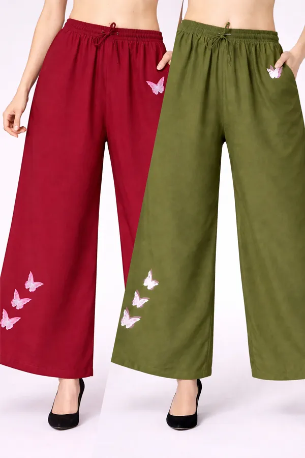Maroon_And_Olive_Green_Rayon_Wide_Leg_Butterfly_Print_Palazzo_Pants_Combo_For_Women