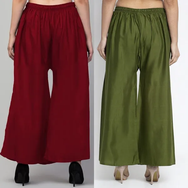 Maroon_And_Olive_Green_Rayon_Wide_Leg_Palazzo_Pants_For_Women