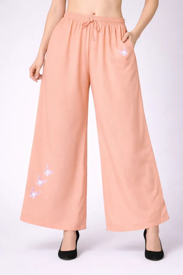Peach_Rayon_Wide_Leg_Butterfly_Print_Palazzo_Pants_For_Women
