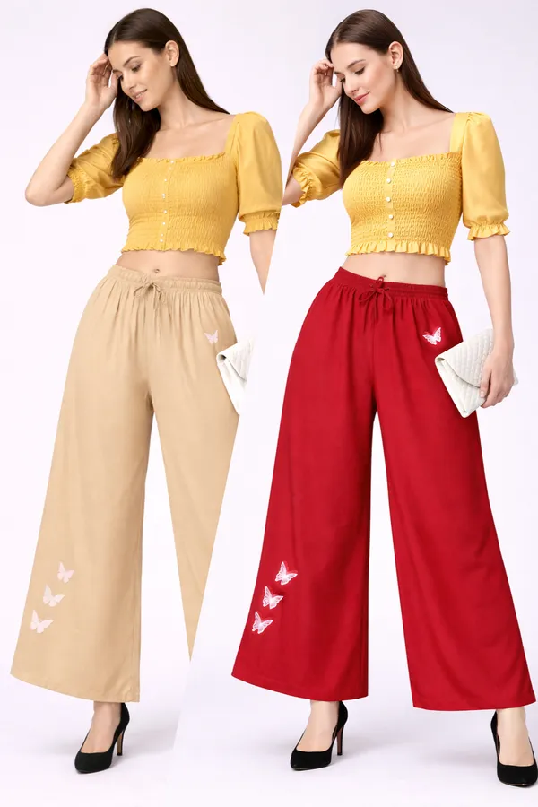Yellow_Red_Rayon_Wide_Leg_Butterfly_Print_Palazzo_Pants_For_Women