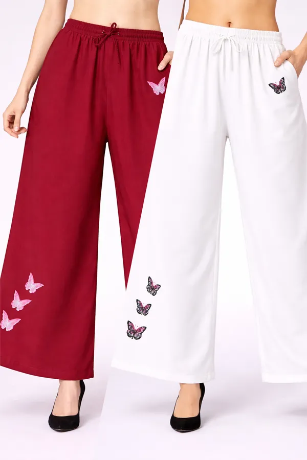 Maroon_And_White_Rayon_Wide_Leg_Butterfly_Print_Palazzo_Pants_Combo_For_Women