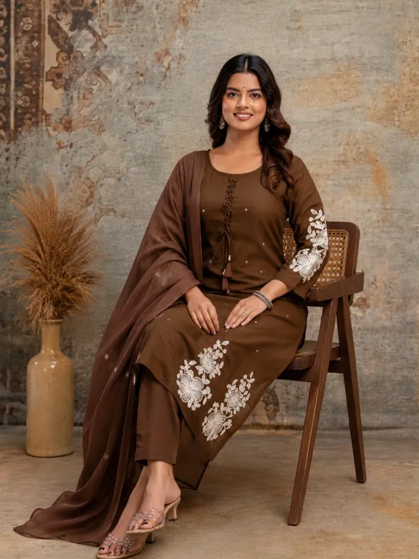 Brown_Women_Pure_Cotton_Embroidered_Kurta_Set_with_Dupatta
