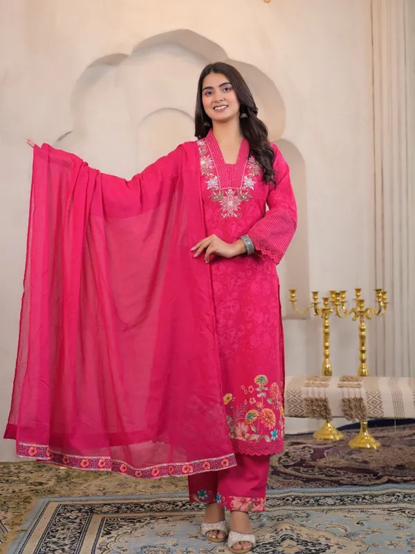 Fuchsia_Pink_Women_Pure_Cotton_Floral_Printed_&_Embroidered_Kurta_Set_with_Dupatta