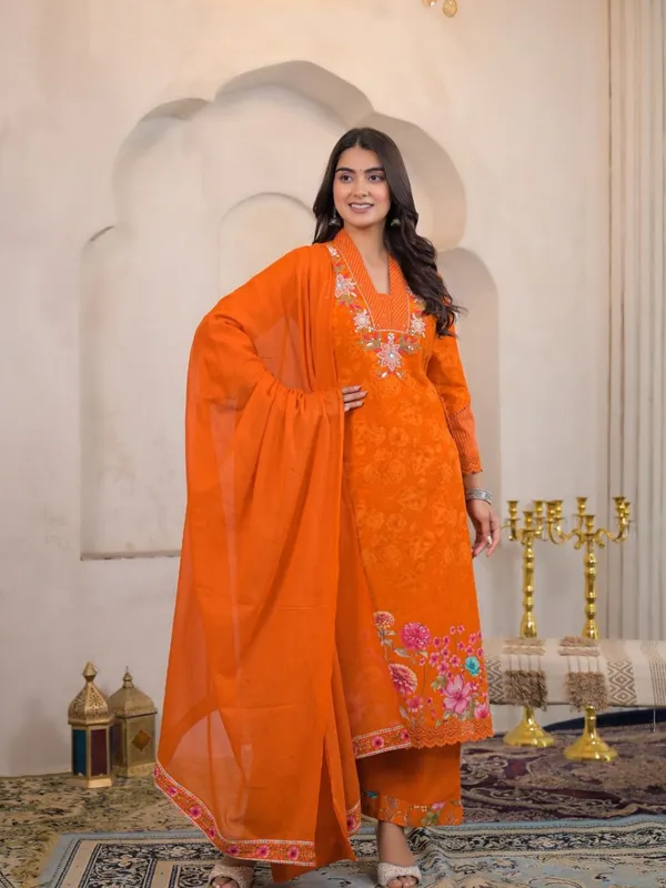 Orange_Women_Pure_Cotton_Floral_Printed_&_Embroidered_Kurta_Set_with_Dupatta