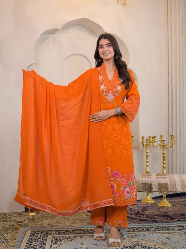 Orange_Women_Pure_Cotton_Floral_Printed_&_Embroidered_Kurta_Set_with_Dupatta