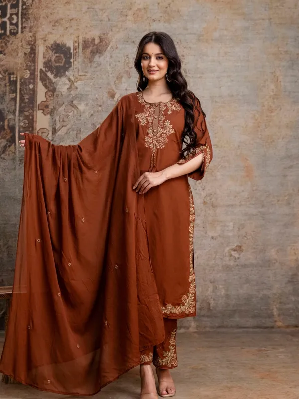 Coffee_Brown_Women_Pure_Cotton_Embroidered_Kurta_Set_with_Dupatta