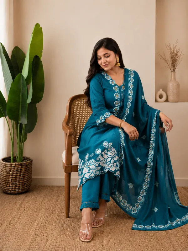 Teal_Blue_Women_Pure_Cotton_Printed_Kurta_Set_with_Dupatta