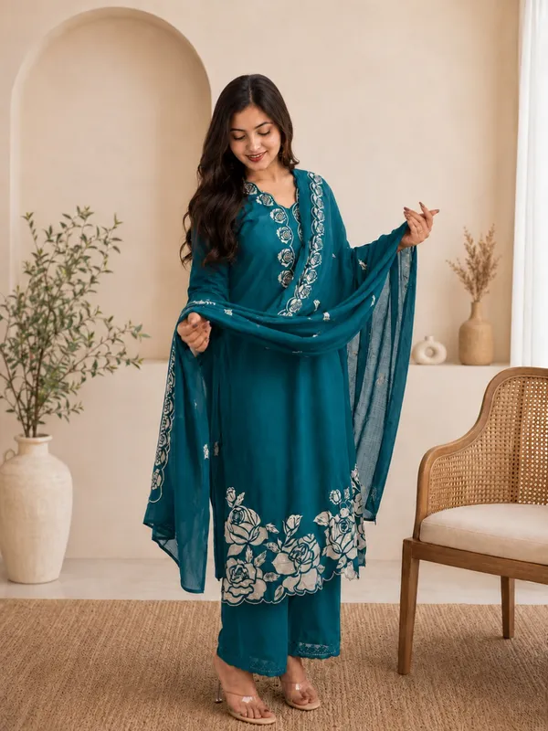 Teal_Blue_Women_Pure_Cotton_Printed_Kurta_Set_with_Dupatta