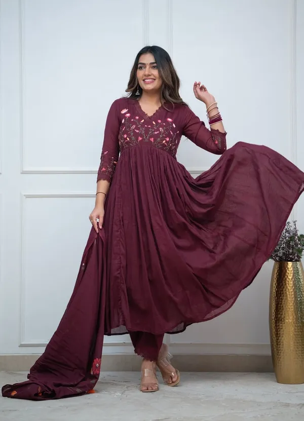 Wine_Cotton_Embroidered_Anarkali_Suit_Set_For_Women_With_Dupatta