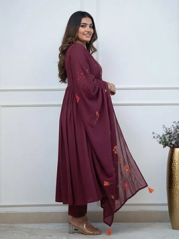 Wine_Cotton_Embroidered_Anarkali_Suit_Set_For_Women_With_Dupatta