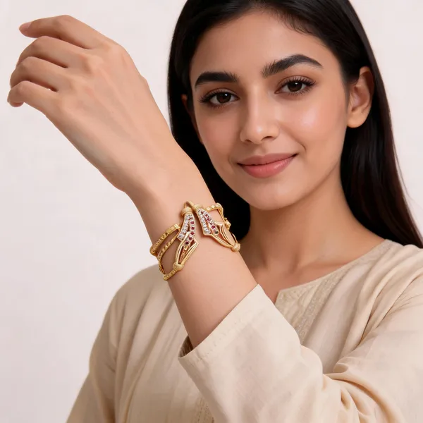18kt_Gold_Plated_Red_Stone_Embellished_Openwork_Bangle_For_Women_|_Anti_Tarnish