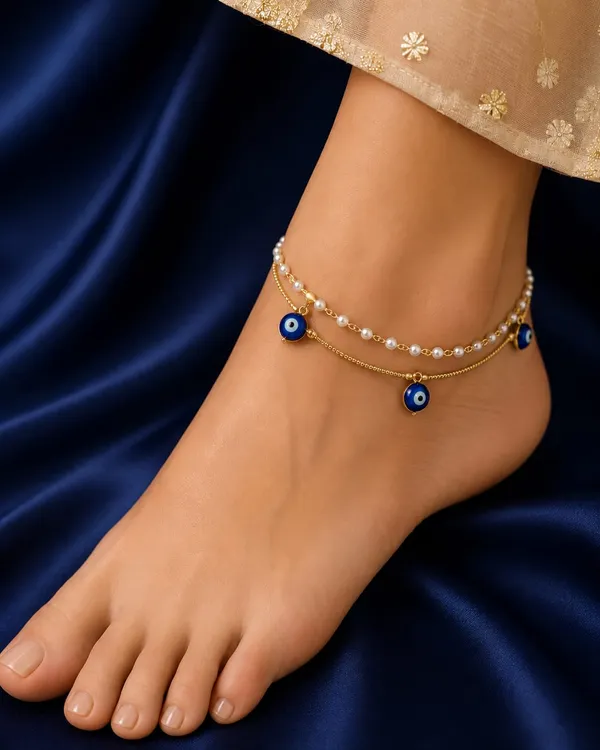 NAZARAA_Anklet_is_an_elegant_layered_anklet_designed_with_a_beautiful_combination_of_gold-tone_chains,_lustrous_white_pearls,_and_deep-blue_evil-eye_charms.