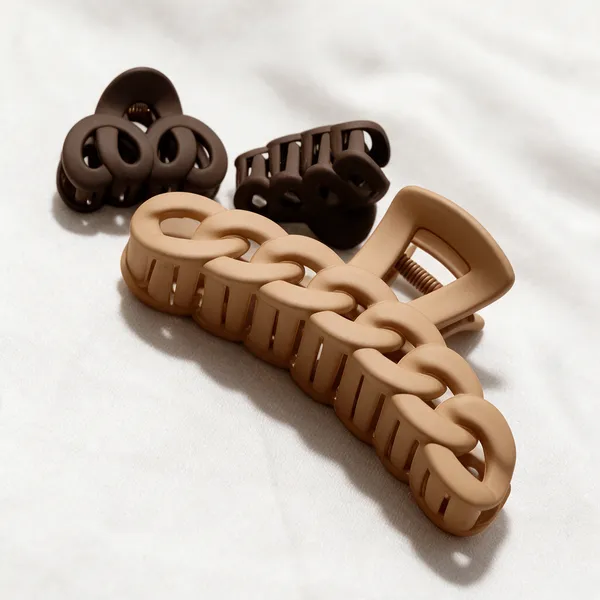 Beige_And_Brown_Chain_Design_Hair_Claw_Clips_Set_Pack_Of_3