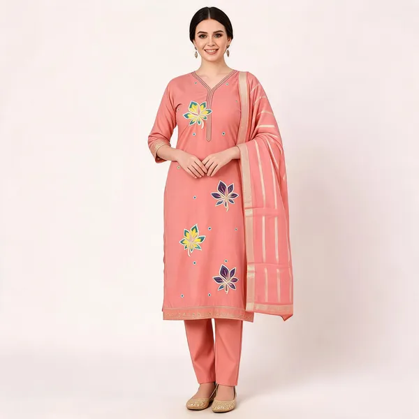 Peach_Floral_Embroidered_Straight_Kurta_Pant_Dupatta_Set_For_Women