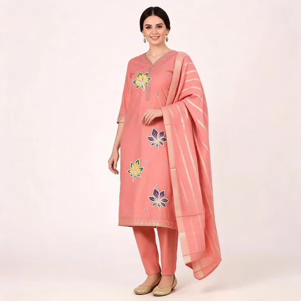 Peach_Floral_Embroidered_Straight_Kurta_Pant_Dupatta_Set_For_Women