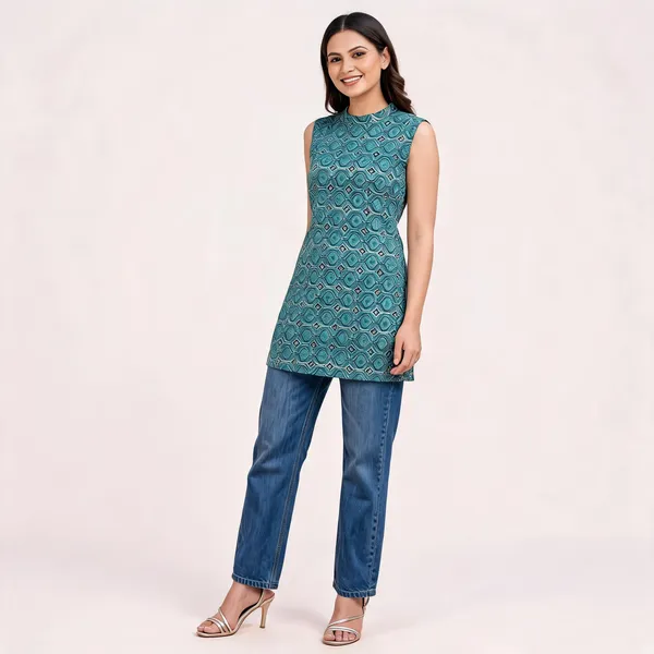 Teal_Geometric_Print_Sleeveless_High_Neck_Tunic_For_Women