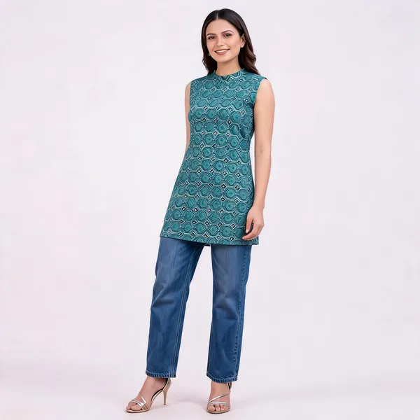 Teal_Geometric_Print_Sleeveless_High_Neck_Tunic_For_Women
