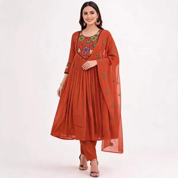 Rust_Rayon_Flared_Anarkali_Kurta_Pant_Dupatta_Set_For_Women