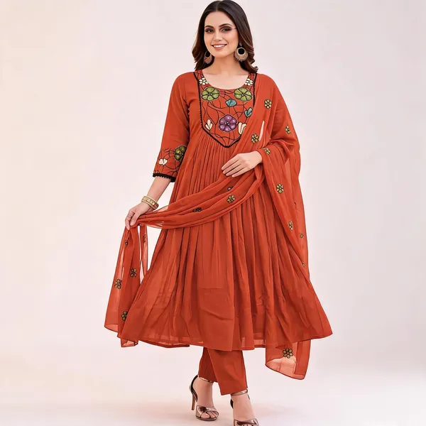 Rust_Rayon_Flared_Anarkali_Kurta_Pant_Dupatta_Set_For_Women