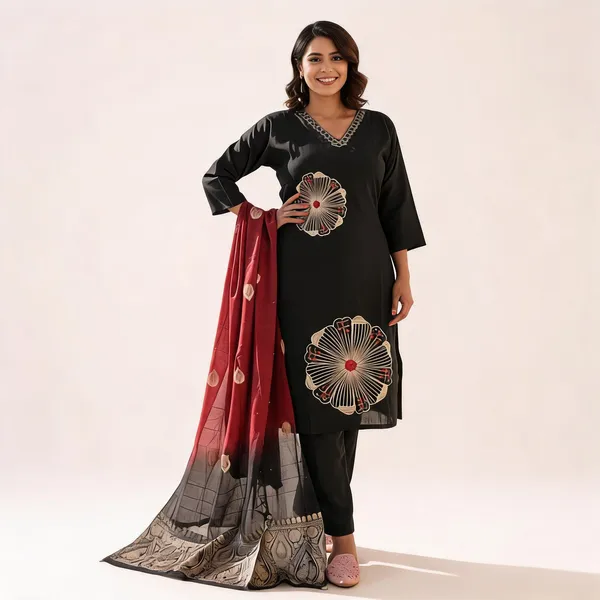 Black_Embroidered_Straight_Kurta_Pant_Set_With_Maroon_Dupatta_For_Women