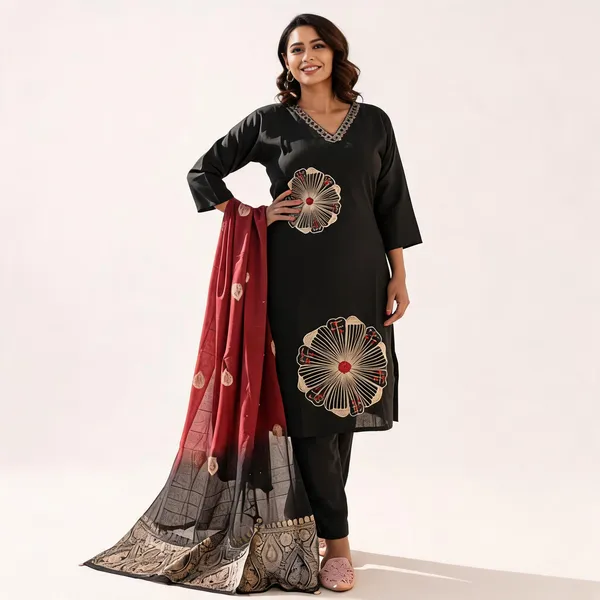 Black_Embroidered_Straight_Kurta_Pant_Set_With_Maroon_Dupatta_For_Women