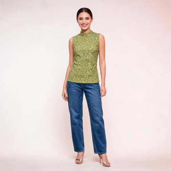 Pista_Green_Cotton_Floral_Print_Sleeveless_High_Neck_Top_For_Women