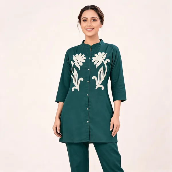 Teal_Cotton_Embroidered_Straight_Fit_Kurta_Trouser_Co-Ord_Set_For_Women
