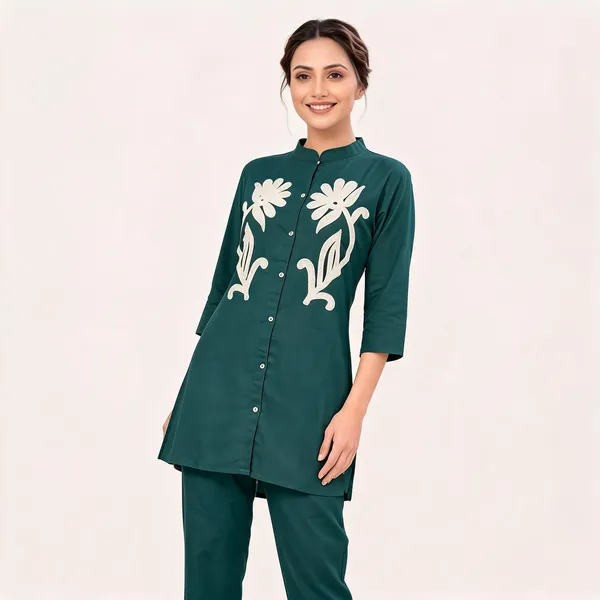 Teal_Cotton_Embroidered_Straight_Fit_Kurta_Trouser_Co-Ord_Set_For_Women