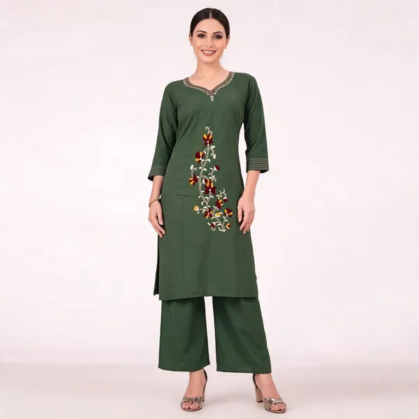 Green_Cotton_Floral_Embroidered_Straight_Kurta_Palazzo_Set_For_Women