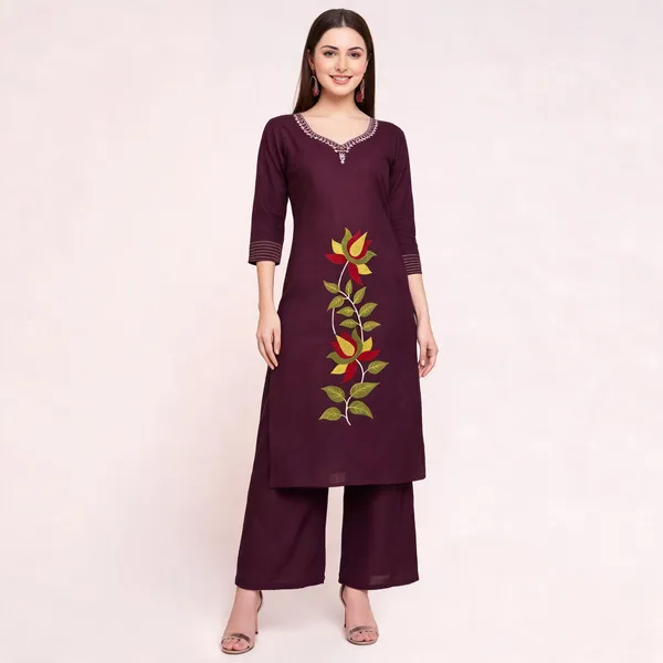 Wine_Cotton_Embroidered_Straight_Kurta_Palazzo_Set_For_Women