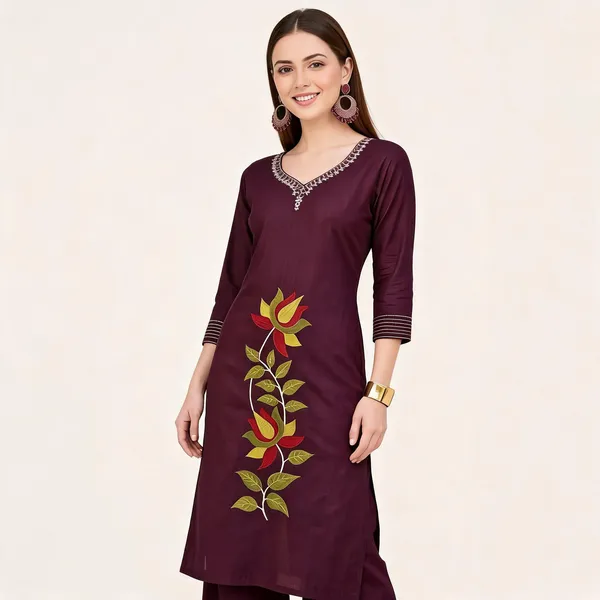 Wine_Cotton_Embroidered_Straight_Kurta_Palazzo_Set_For_Women