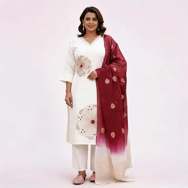 White_Embroidered_Straight_Kurta_Pant_Set_With_Maroon_Dupatta_For_Women