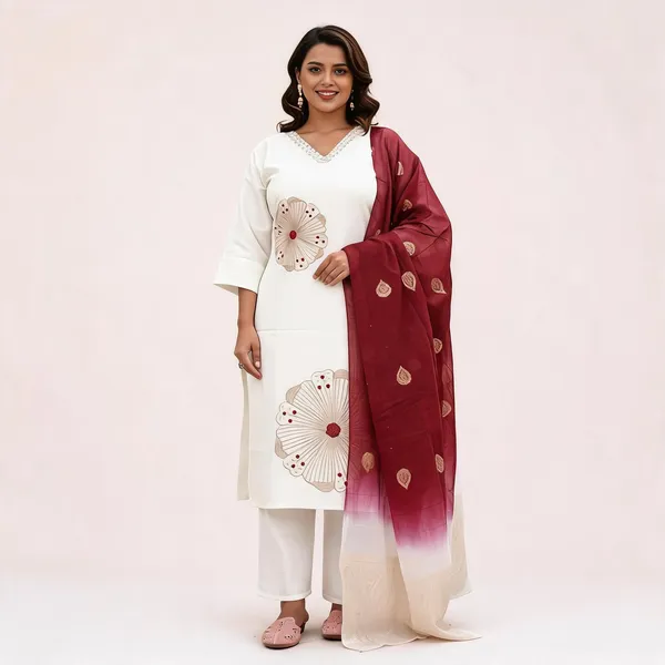 White_Embroidered_Straight_Kurta_Pant_Set_With_Maroon_Dupatta_For_Women